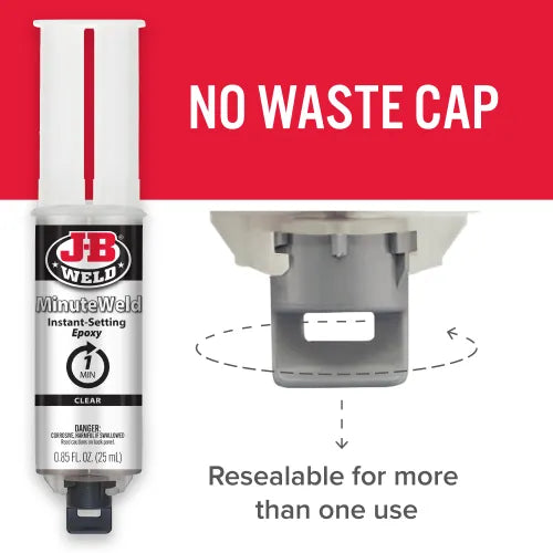 J-B Weld MinuteWeld™ Syringe - 25 ml is designed to adhere to multiple surfaces and can be used on ceramic, tile, glass, stone, most plastics, wood and metal. J-B Weld MinuteWeld™ Syringe - 25 ml is designed to adhere to multiple surfaces and can be used on ceramic, tile, glass, stone, most plastics, wood and metal.